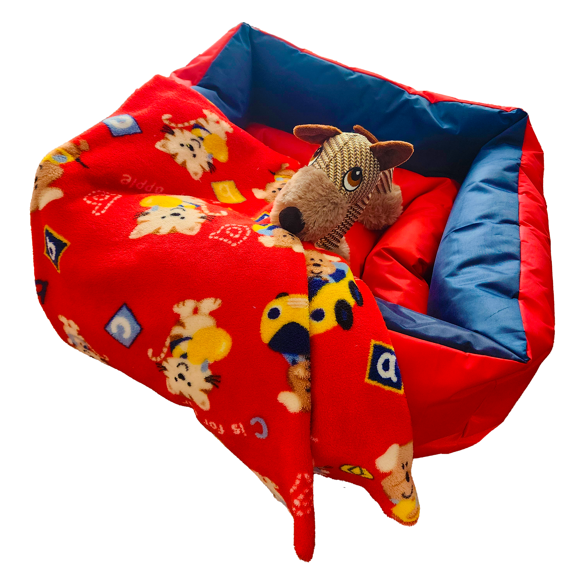 Set de cama, mantita y peluche. Personalizada con el nombre de tu peludo.