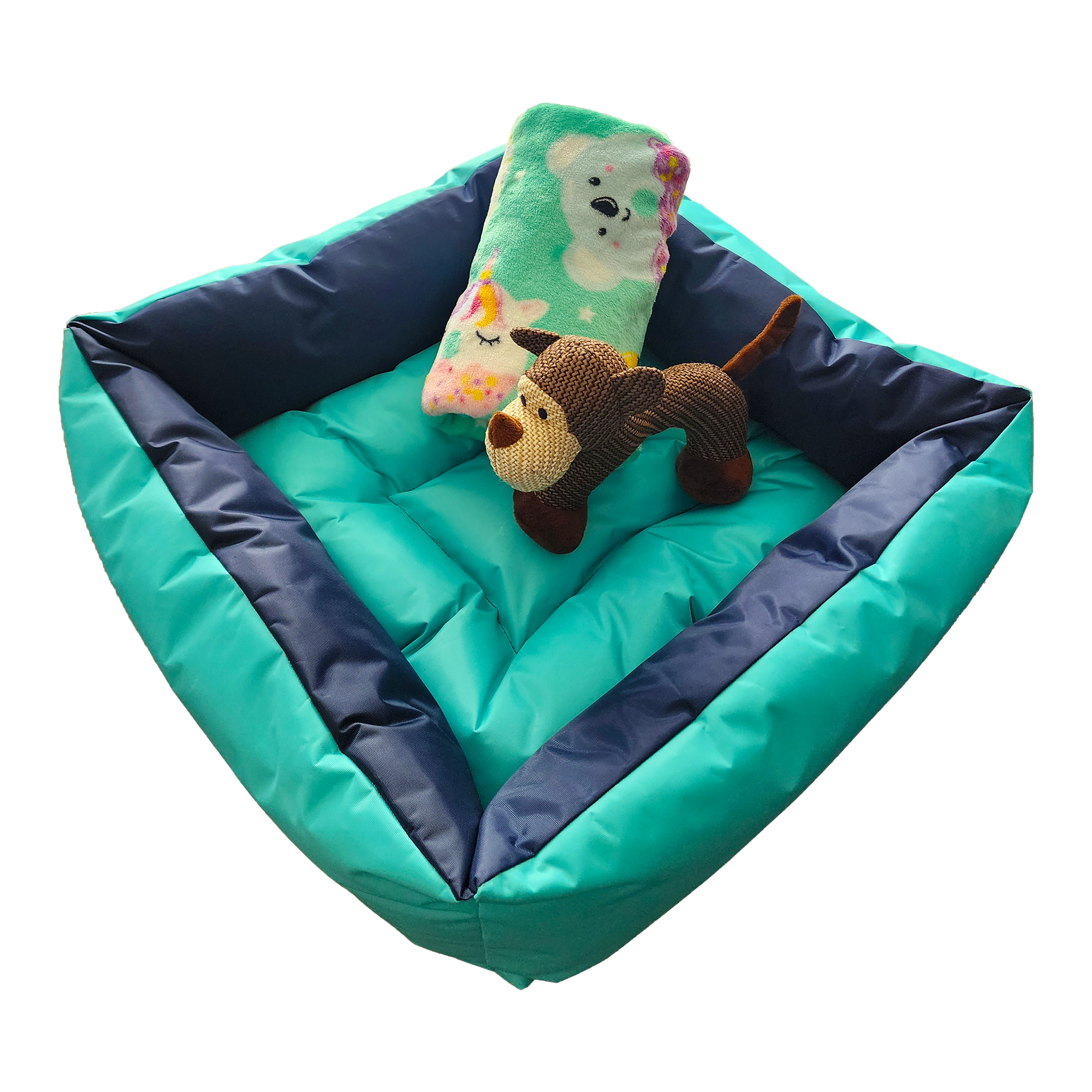 Set de cama, mantita y peluche. Personalizada con el nombre de tu peludo.